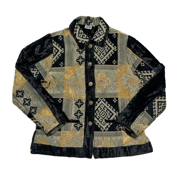 Parsley & Sage Patchwork Jacket Geometric Velour Black Gold Tapestry Women's M - Picture 1 of 10